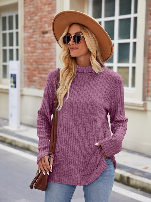 Ava Ribbed Turtleneck Long Sleeve Slit Knit Top -- Deal of the Day!
