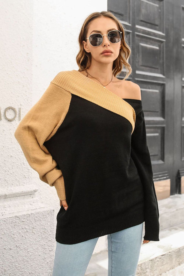 Catalina Ribbed Off-Shoulder Lantern Sleeve Pullover Sweater