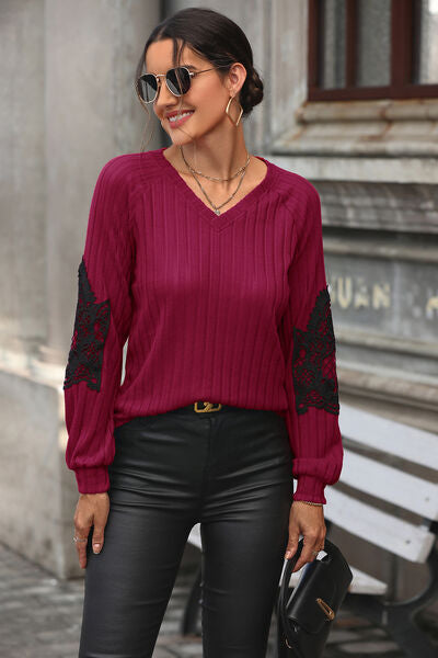 Tanner Ribbed Lace Detail V-Neck Sweater