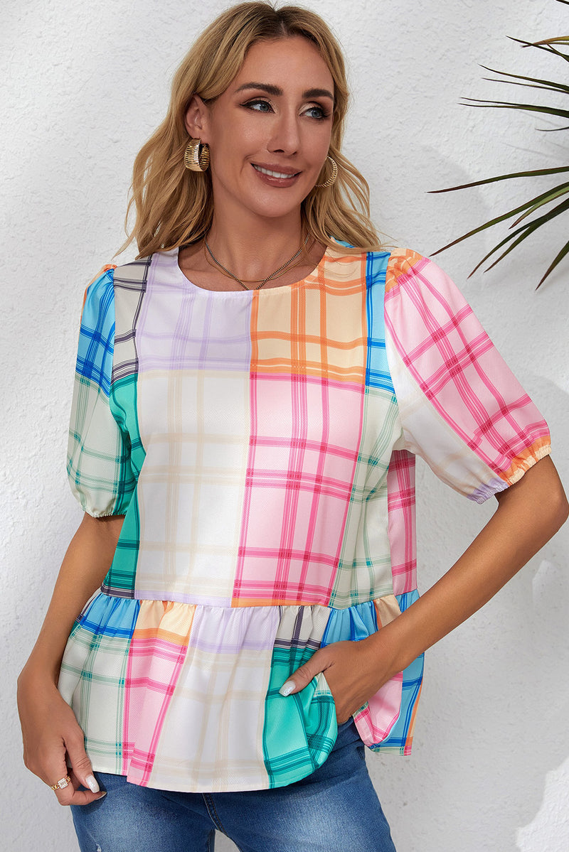 Kiri Round Neck Puff Sleeve Plaid Blouse - Deal of the Day!