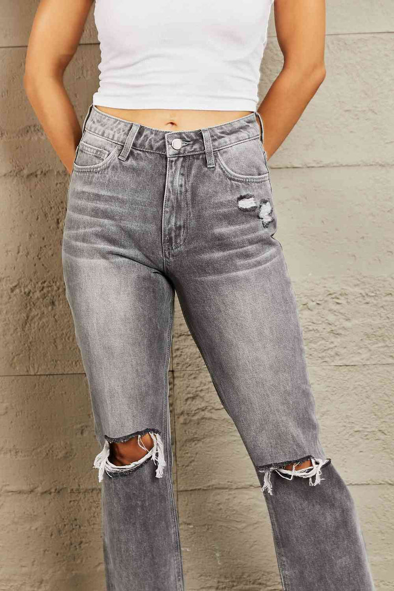 Isla BAYEAS Stone Wash Distressed Cropped Straight Jeans
