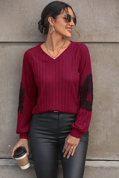 Tanner Ribbed Lace Detail V-Neck Sweater