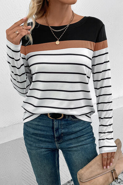 Lana Striped Round Neck Long Sleeve T-Shirt - Deal of the Day!