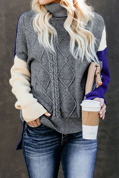 Quinn Color Block Cable-Knit Turtleneck Sweater