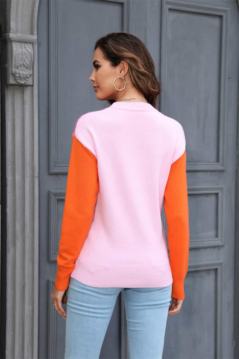 Tansy Round Neck Contrast Color Dropped Shoulder Sweater