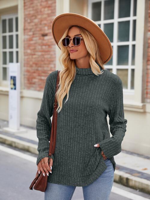 Ava Ribbed Turtleneck Long Sleeve Slit Knit Top -- Deal of the Day!