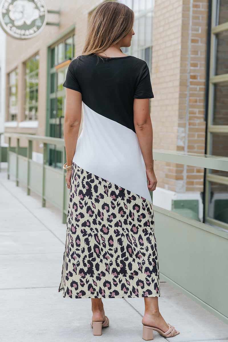 Zaya Leopard Color Block V-Neck Slit Dress -- Deal of the day!