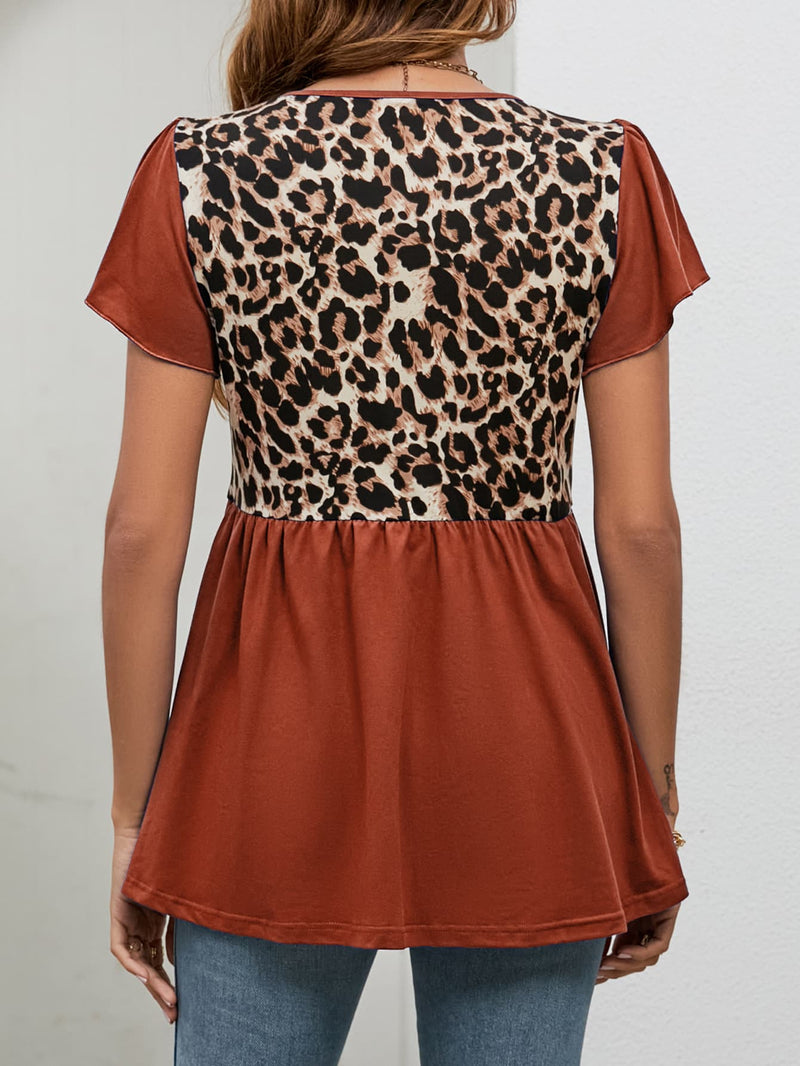 Lucca Leopard Round Neck Flutter Sleeve Babydoll Blouse - Deal of the Day!