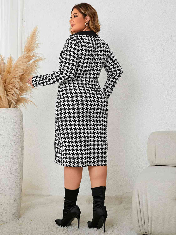 Zaza Plus Size Houndstooth Long Sleeve Slit Dress