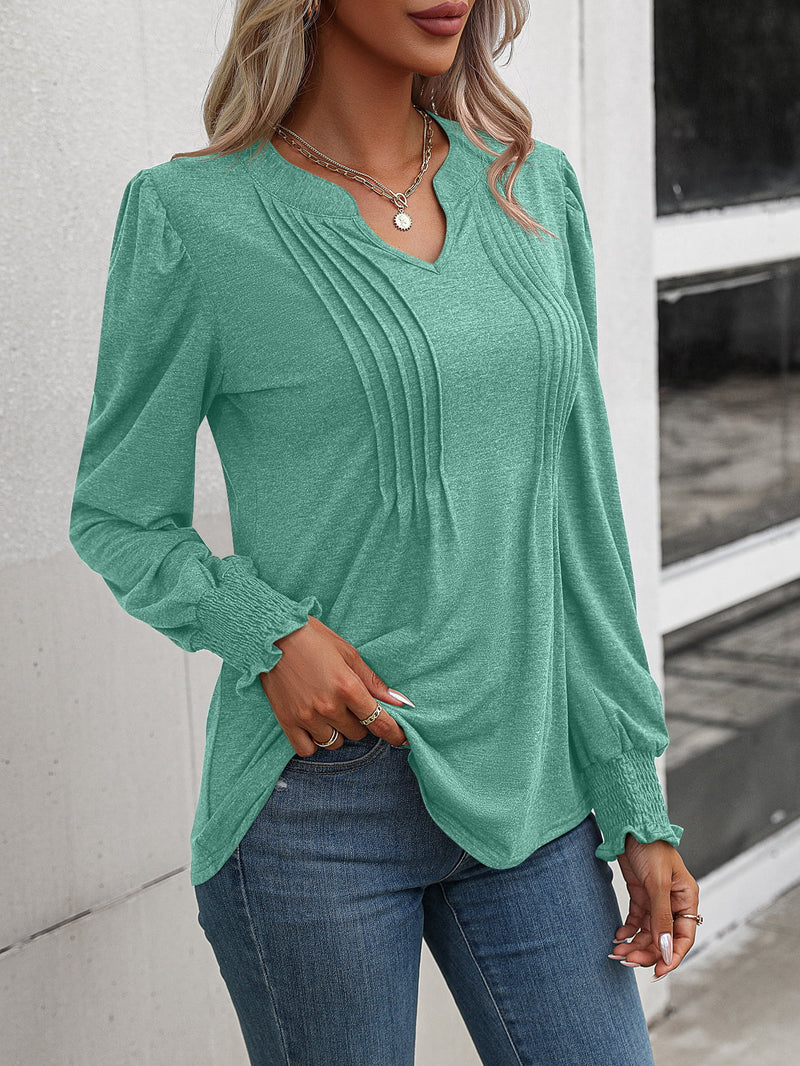 Tabitha Ruched Notched Neck Puff Sleeve Smocked Wrist Blouse- Deal of the Day!