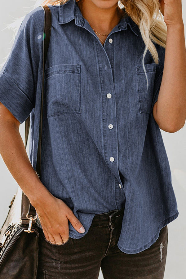 Maren Pocketed Button Up Short Sleeve Denim Shirt