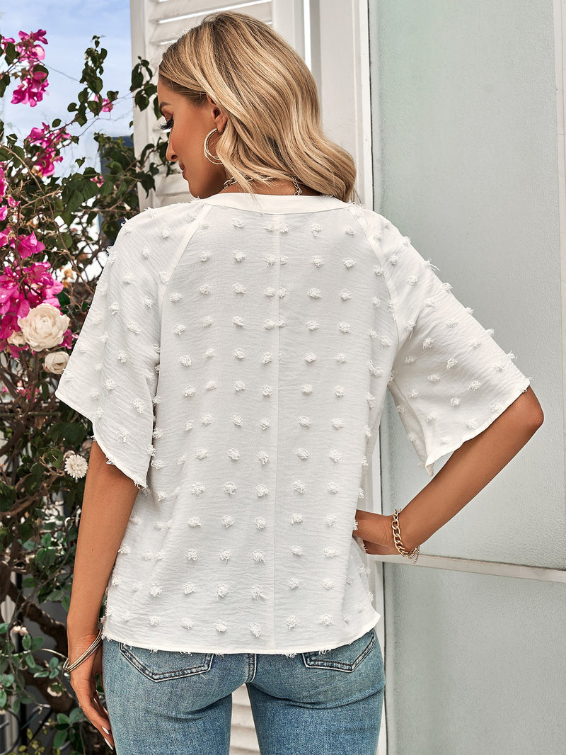 Carmela Swiss Dot Notched Neck Flare Sleeve Blouse - Deal of the day!