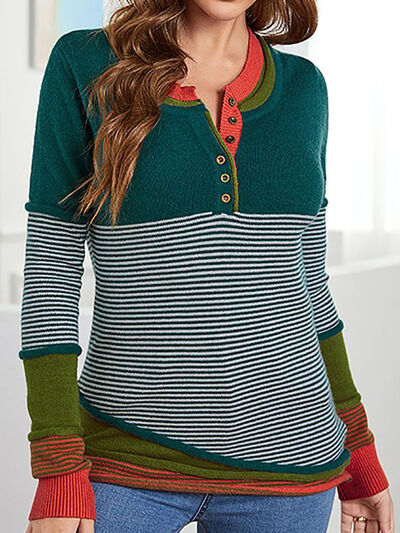Nolan Striped Contrast Notched Long Sleeve Sweater