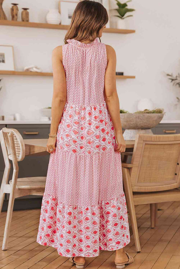 Britta Mixed Print Tie-Neck Sleeveless Maxi Dress