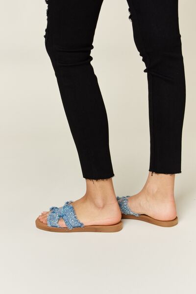 Lena Raw Trim Denim H-Band Flat Sandals -- Deal of the day!