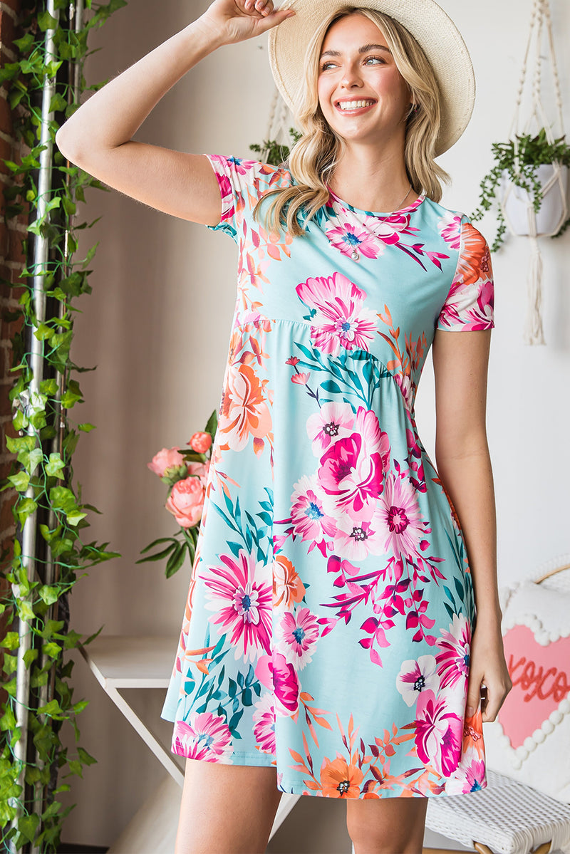 Kallie Floral Round Neck Short Sleeve Mini Dress - Deal of the Day!