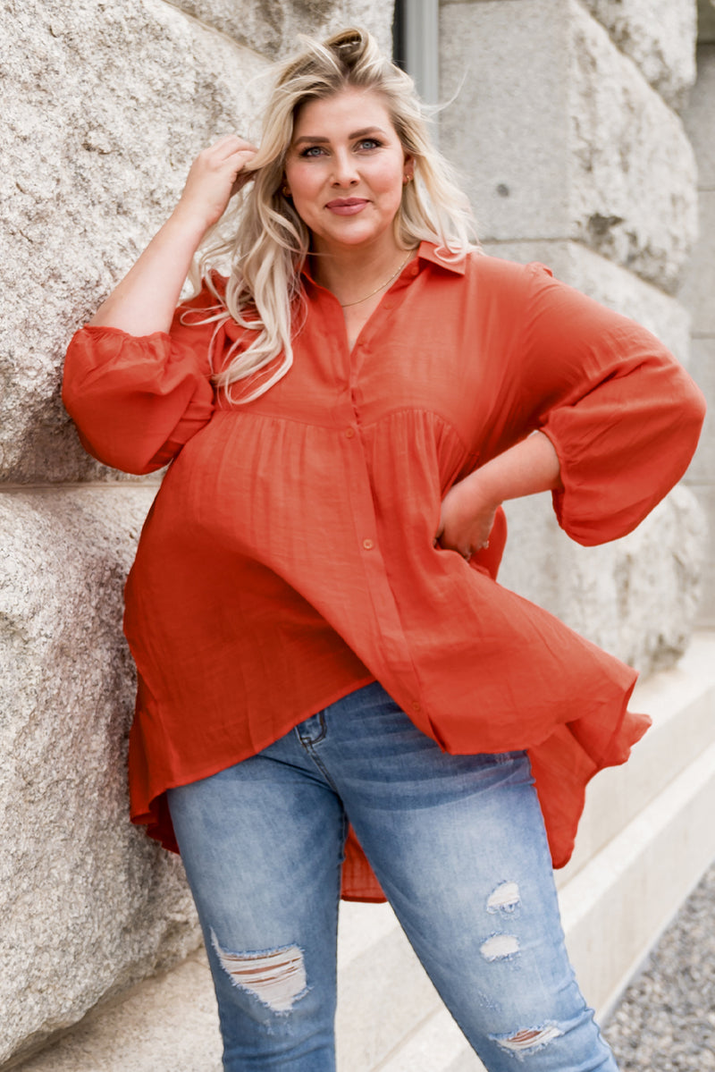 Torie Plus Size Collared Balloon Sleeve Shirt