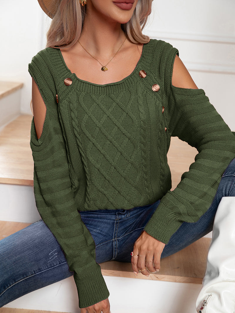 Mireille Decorative Button Cold-Shoulder Sweater