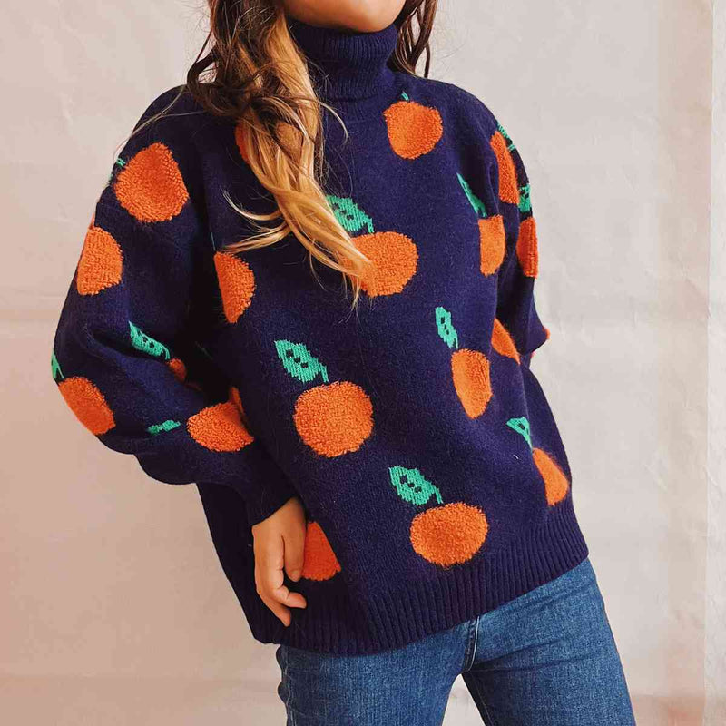 Liana Fruit Pattern Turtleneck Dropped Sweater