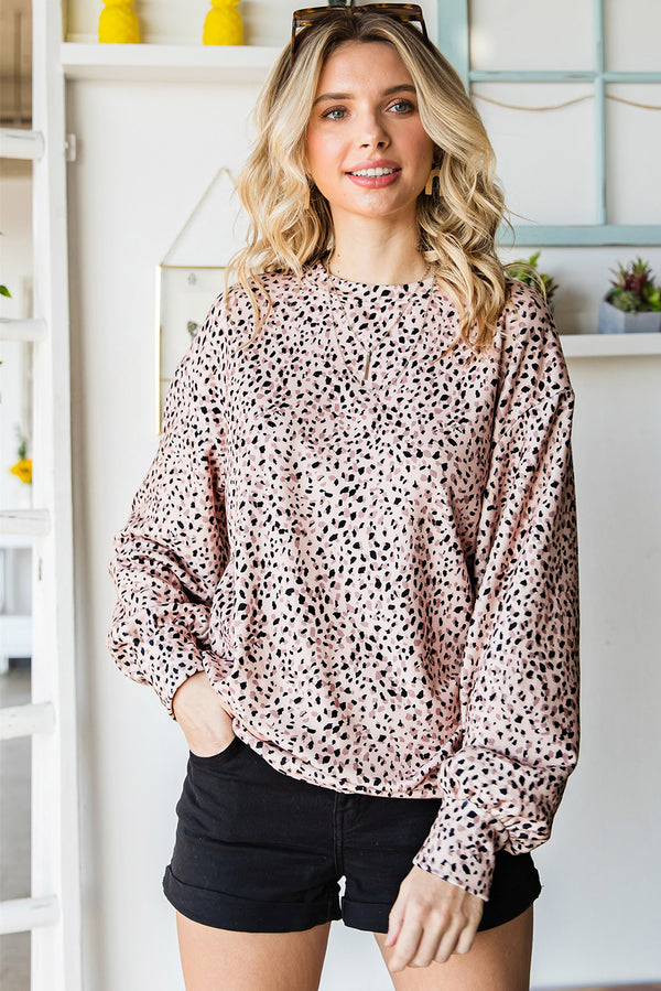 Delilah Leopard Print Round Neck Long Sleeve Sweatshirt