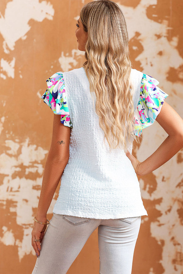 Jackie Multicolored Flutter Sleeve Round Neck Blouse - Deal of the Day!