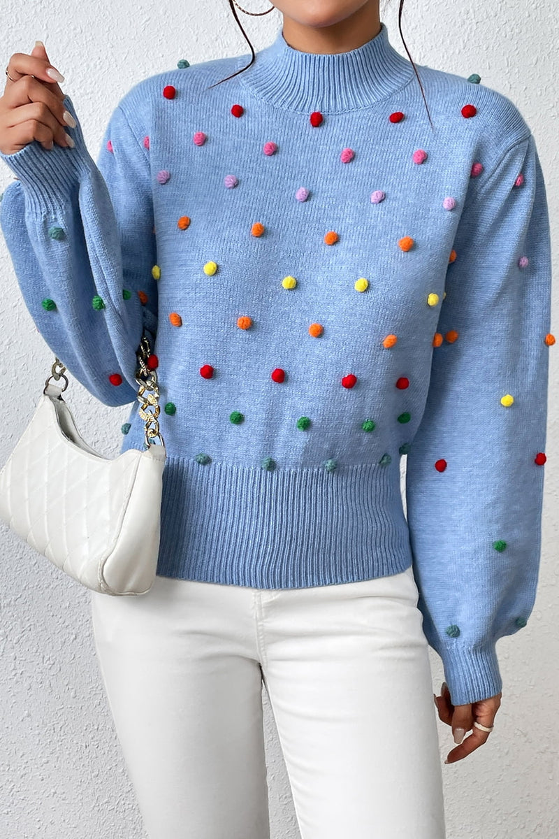 Kara Pom-Pom Trim Mock Neck Long Sleeve Pullover Sweater