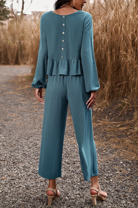 Beckham Round Neck Peplum Top and Pants Set -- Deal of the day!