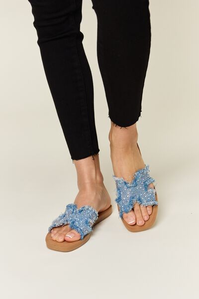 Lena Raw Trim Denim H-Band Flat Sandals -- Deal of the day!