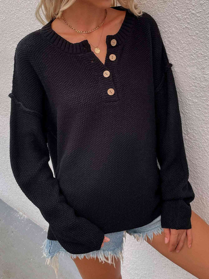 Amaya Buttoned Exposed Seam High-Low Sweater