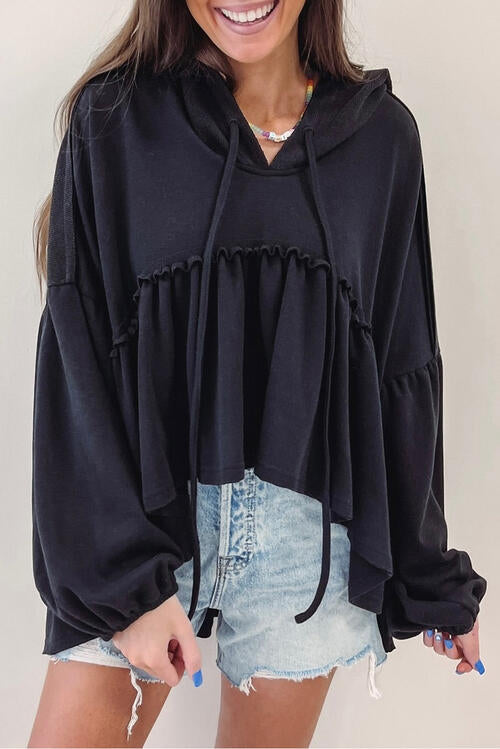 Dolly Drawstring High-Low Balloon Sleeve Hoodie - deal of the day!