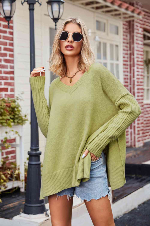 Tess V-Neck Slit Exposed Seam Sweater