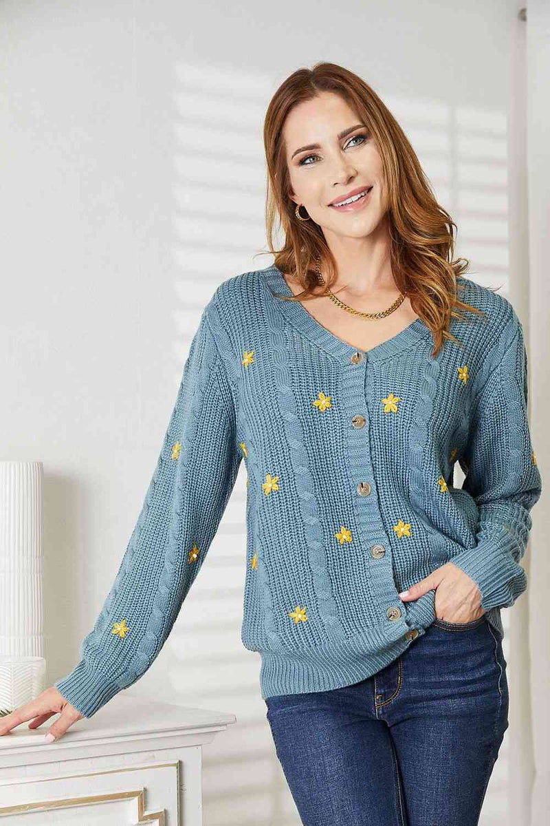 Delaney Full Size Floral Embroidered Cable Cardigan
