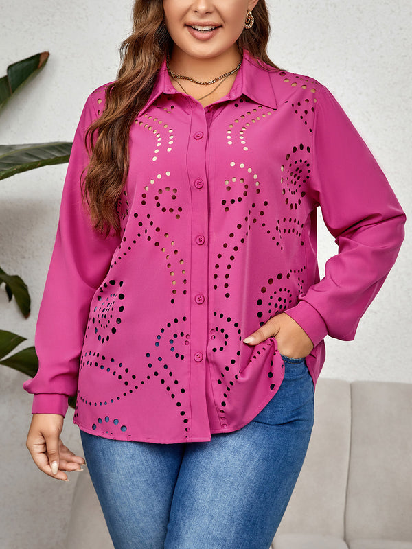 Truly Plus Size Openwork Collared Neck Long Sleeve Shirt