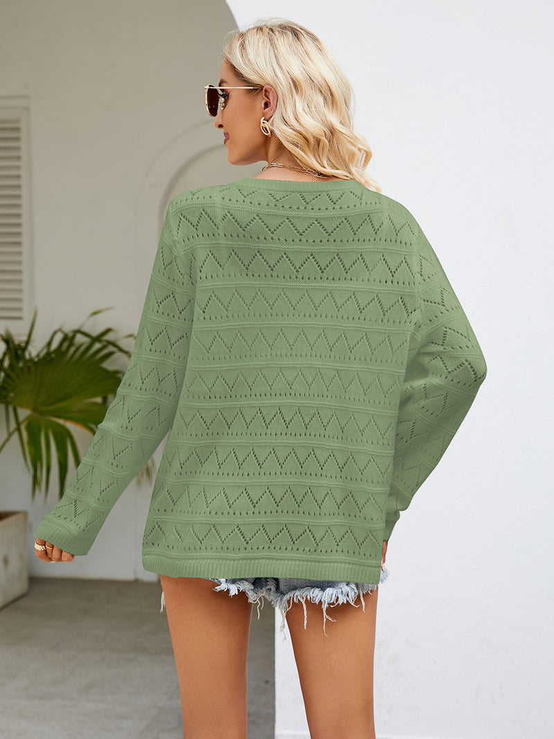 Brooke Round Neck Openwork Long Sleeve Knit Top