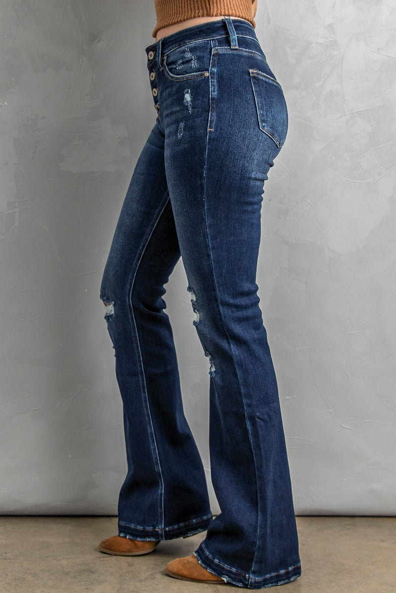 Daisy Button Fly Distressed Bootcut Jeans