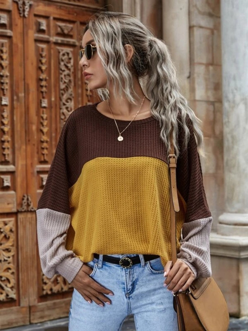 Booker Color Block Waffle-Knit Long Sleeve Top