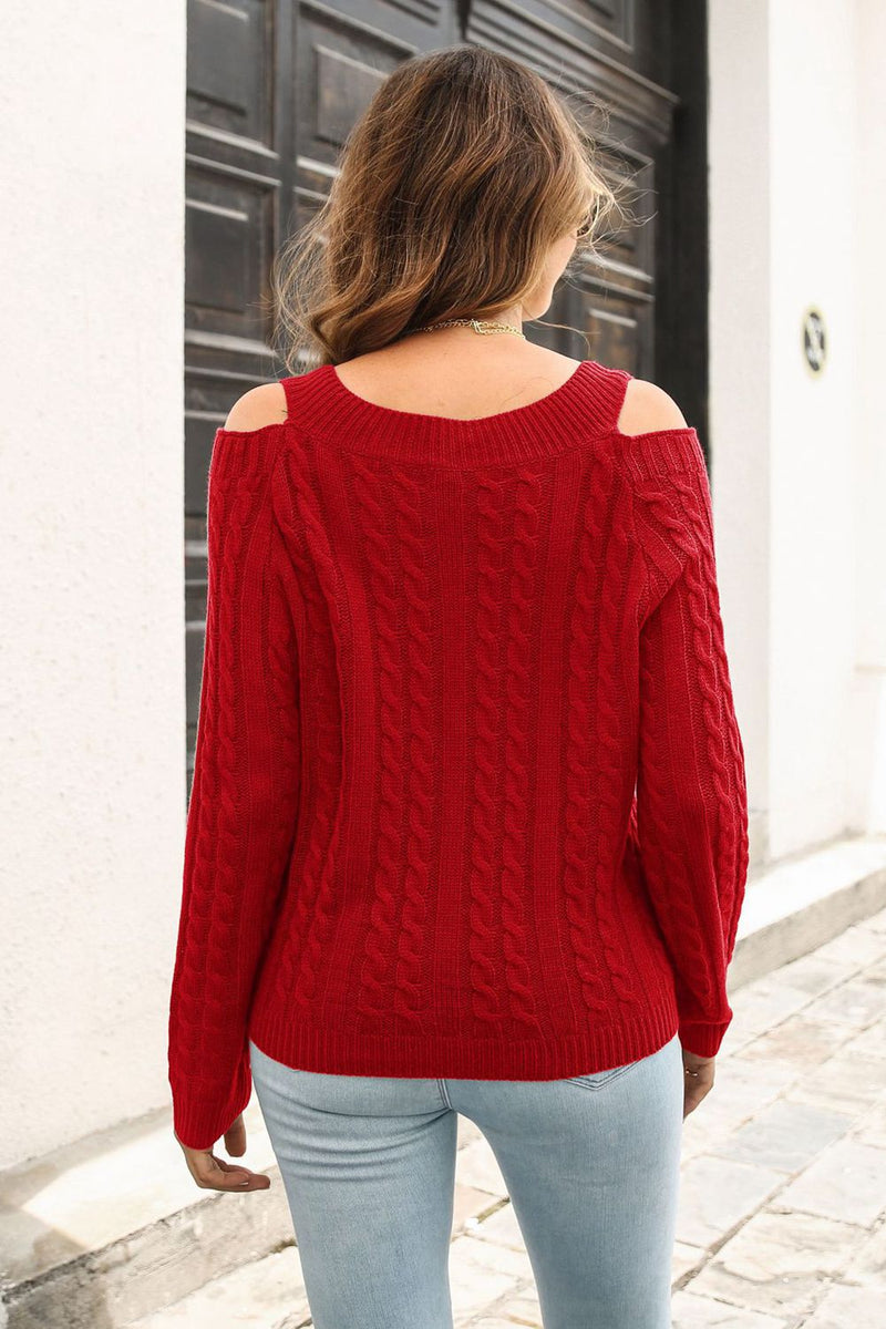 Forest Cold Shoulder V-Neck Cable-Knit Pullover Sweater