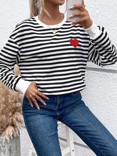 Ruthie Heart Patch Striped Round Neck Long Sleeve Sweatshirt