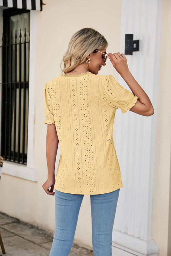 Austin Eyelet Flounce Sleeve Scalloped V-Neck Top- Deal of the Day!