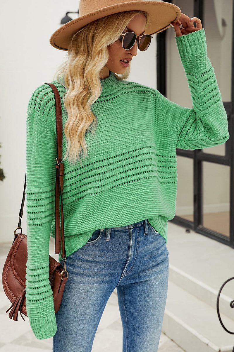Celine Round Neck Openwork Long Sleeve Pullover Sweater