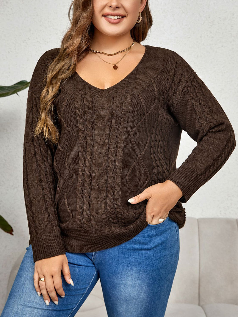 Bliss Plus Size V-Neck Cable-Knit Long Sleeve Sweater