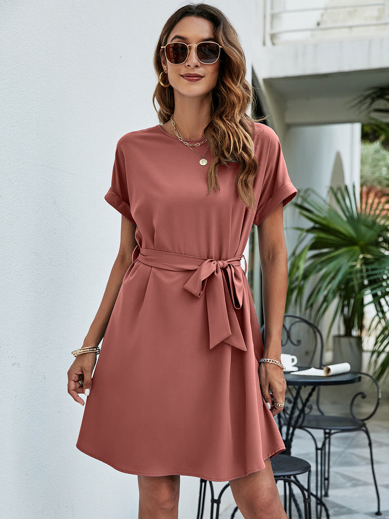 Deal of the Day Rita Belted Round Neck Curved Hem Dress