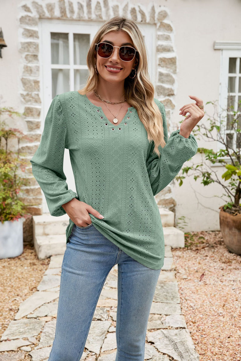 Rowe Eyelet Notched Neck Balloon Sleeve Blouse- Deal of the Day!