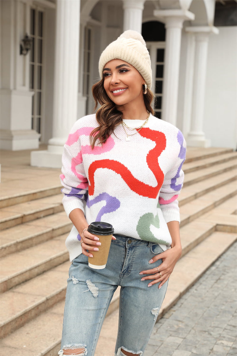 Baylah Printed Round Neck Dropped Shoulder Pullover Sweater