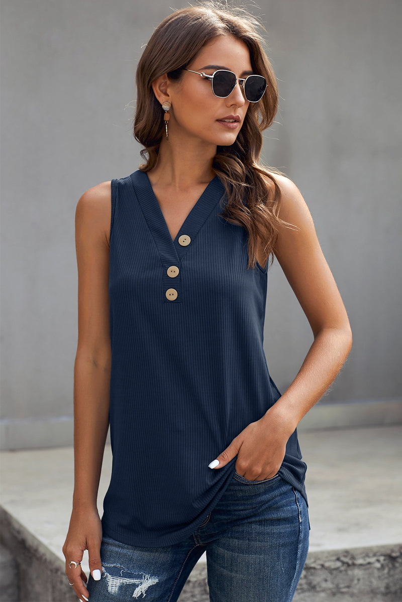 Fabian Ribbed Buttoned V-neck Tank- Deal of the Day!