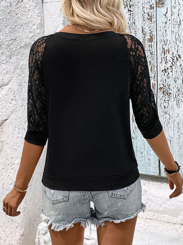 Giselle V-Neck Spliced Lace Raglan Sleeve Top - Deal of the Day!