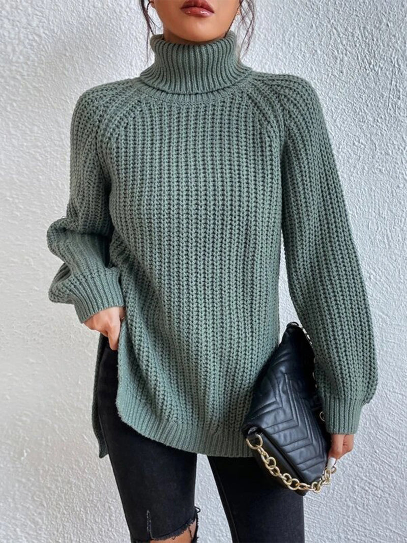 Hallie Full Size Turtleneck Rib-Knit Slit Sweater