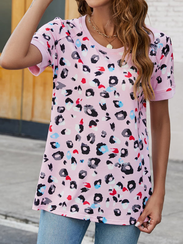 Marina Leopard Round Neck Short Sleeve Tee Shirt - Deal of the Day!