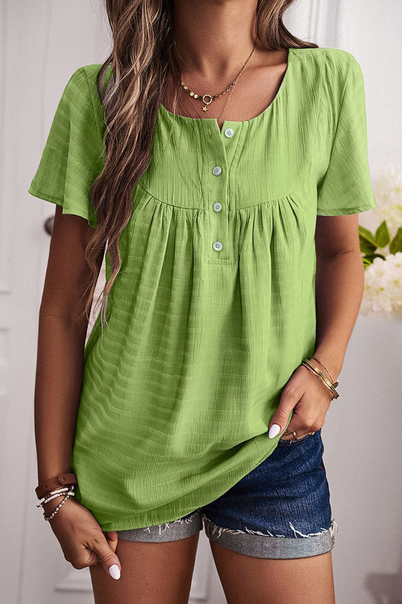 Flynn Quarter-Button Round Neck Short Sleeve Top -- Deal of the day!