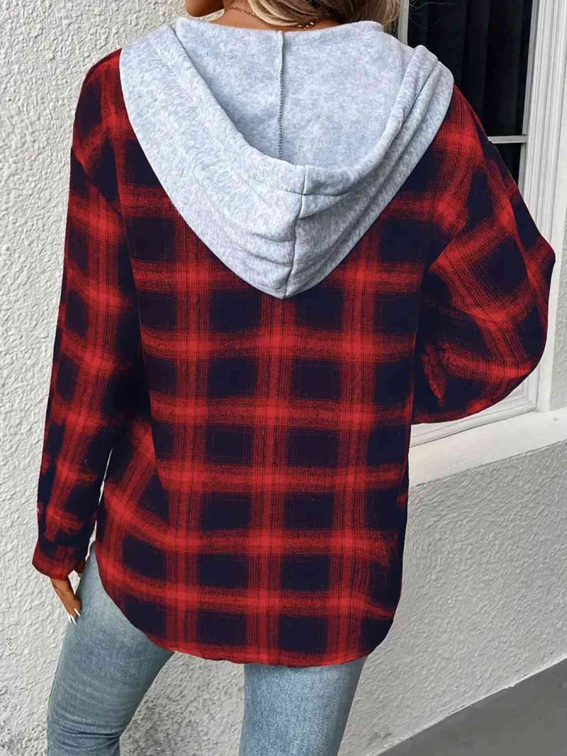 Plaid Drawstring Button Up Hooded Jacket